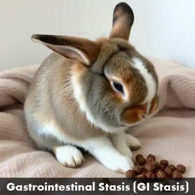 Gastrointestinal Stasis A brown and white Dutch-style rabbit sits on a soft pink blanket, looking down at a small pile of brown round pellets. A text overlay at the bottom reads "Gastrointestinal Stasis (GI Stasis)". Gastrointestinal Stasis is a common rabbit diseases.