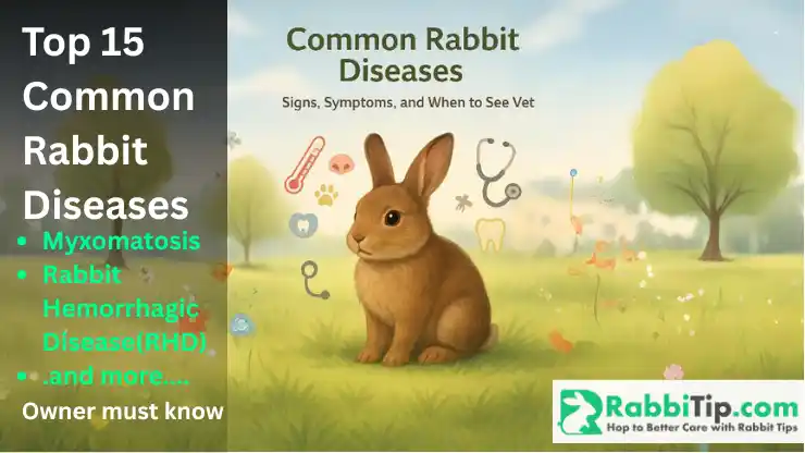 Cute brown rabbit sitting on green grass with health-related icons around it, illustrating common rabbit diseases every owner must know.