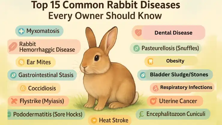 Top 15 Common Rabbit Diseases Illustration of a healthy rabbit sitting on grass, surrounded by colorful labels naming the top 15 common rabbit diseases every owner should know.-RabbiTip.com
