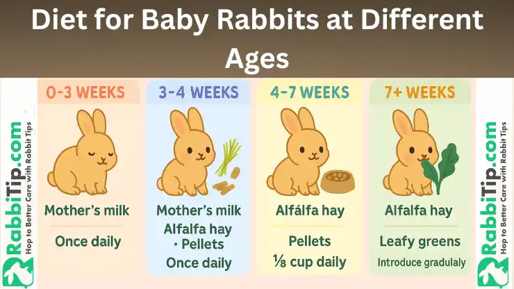 Diet for Baby Rabbits at Different Ages Infographic showing feeding schedule for baby rabbits by age. What Do Baby Rabbits Eat by age with milk, hay, pellets, and vegetables.