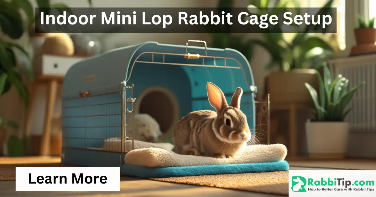 Indoor Mini Lop Rabbit Cage Setup-Caring for Mini Lop Bunnies Mini Lop rabbit in a spacious indoor cage with soft flooring mats-Caring for Mini Lop Bunnies