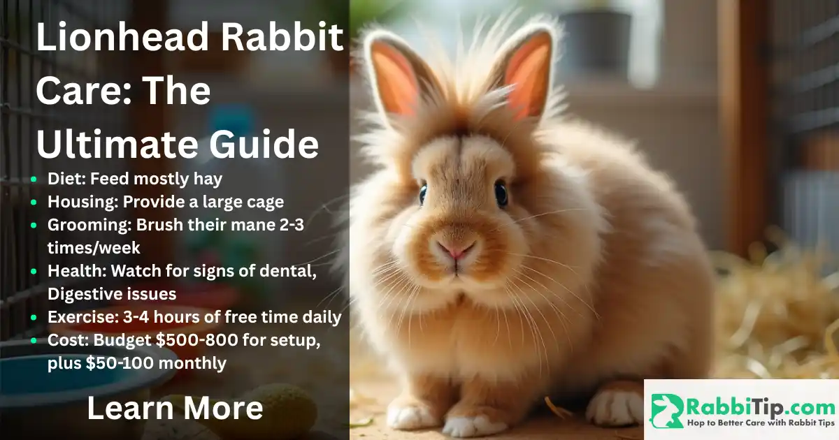 Lionhead rabbit sitting in a cage. Key Lionhead rabbit care tips listed beside it.