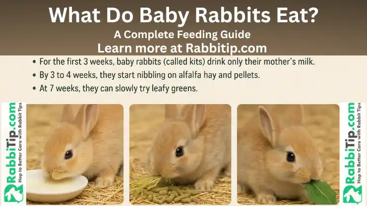 Illustration of baby rabbits eating hay and pellets. What Do Baby Rabbits Eat. A Complete Feeding Guide
