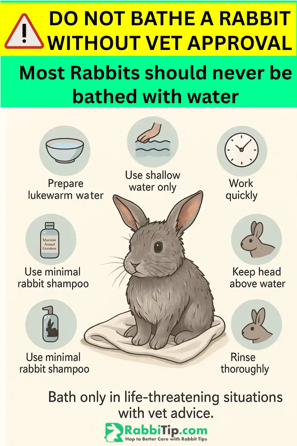 Can You Bathe a Rabbit? Important Safety Warning for Owners Infographic warning about bathing rabbits with a clear message: Do not bathe a rabbit unless advised by a vet-Can You Bathe a Rabbit Post.