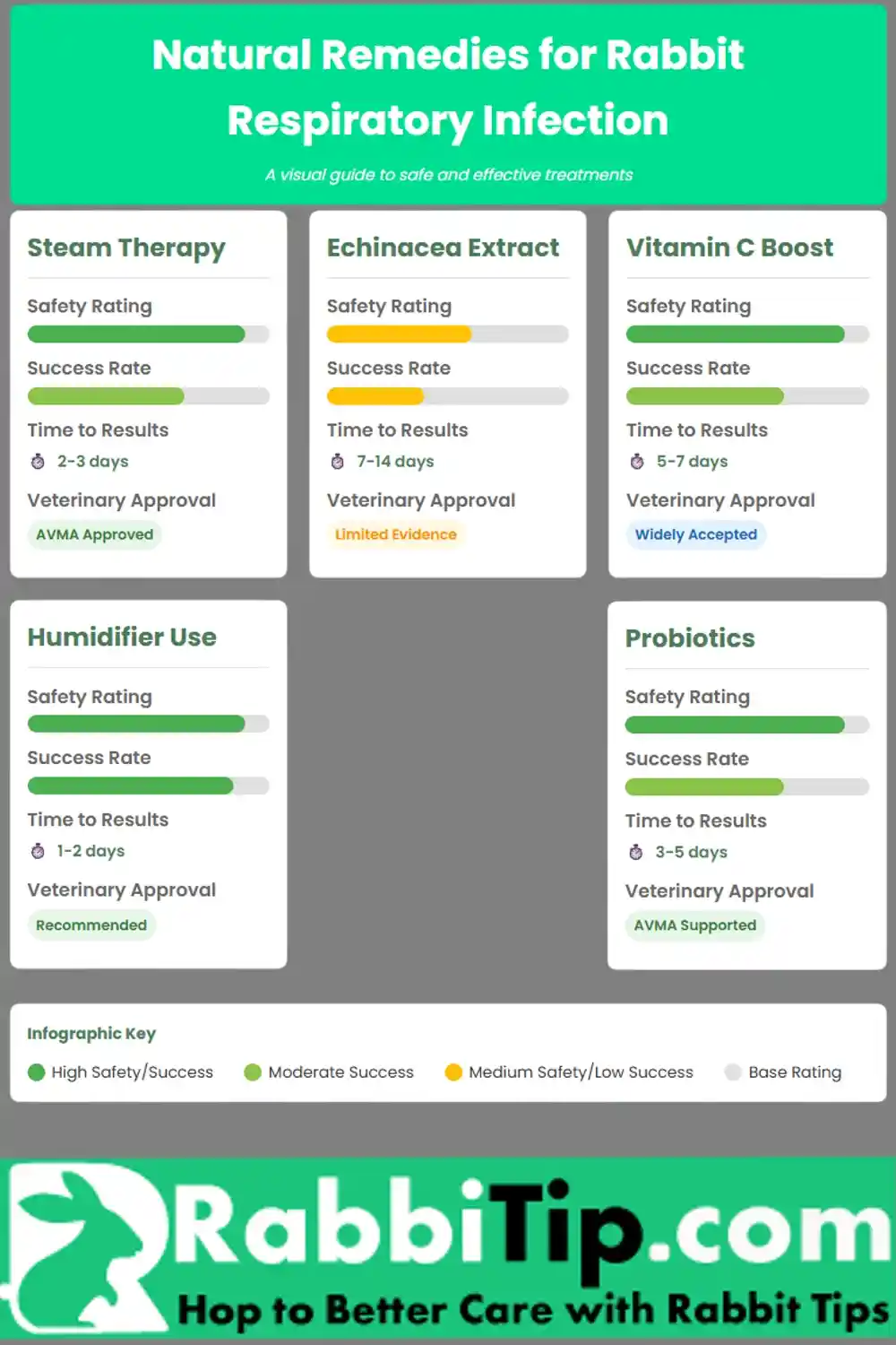 Natural Remedies for Rabbit Snuffles Infographic comparing natural treatments for rabbit respiratory infection, including steam therapy, probiotics, vitamin C, humidifier use, and echinacea, with safety, success rate, and vet approval. Best Natural Remedies for Rabbit Respiratory Infection Treatment.