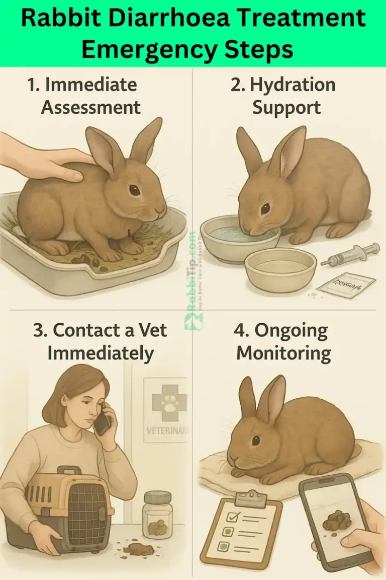 Rabbit Diarrhea Emergency Treatment Steps – Infographic Guide Infographic showing four main treatment steps for rabbit diarrhea, including assessment, hydration, veterinary contact, and monitoring-Rabbit Diarrhea Treatment.