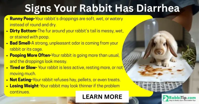 Rabbit Diarrhoea Treatment – Signs Your Bunny Has Digestive Trouble Infographic showing signs of rabbit diarrhea including runny poop, dirty bottom, bad smell, lethargy, and dehydration-Rabbit Diarrhoea Treatment.