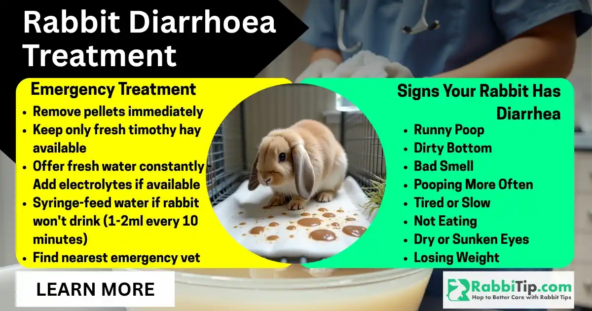 Infographic showing rabbit diarrhea treatment steps and symptoms, with a photo of a rabbit on runny poop, emergency – Rabbit Diarrhoea Treatment.