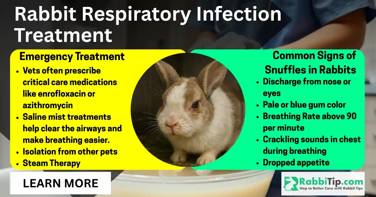 An infographic showing emergency treatments and common signs of snuffles in rabbits, including a photo of a rabbit with nasal discharge. It highlights therapies like steam, medications, and probiotics alongside symptoms like nose discharge and rapid breathing. AVMA-approved Rabbit Respiratory Infection Treatment.