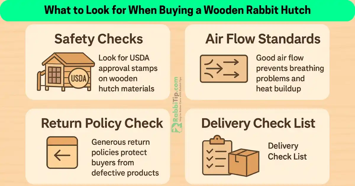 What to Look for When Buying a Wooden Rabbit Hutch Infographic showing key tips for buying a wooden rabbit hutch including safety checks, air flow standards, return policy, and delivery checklist.