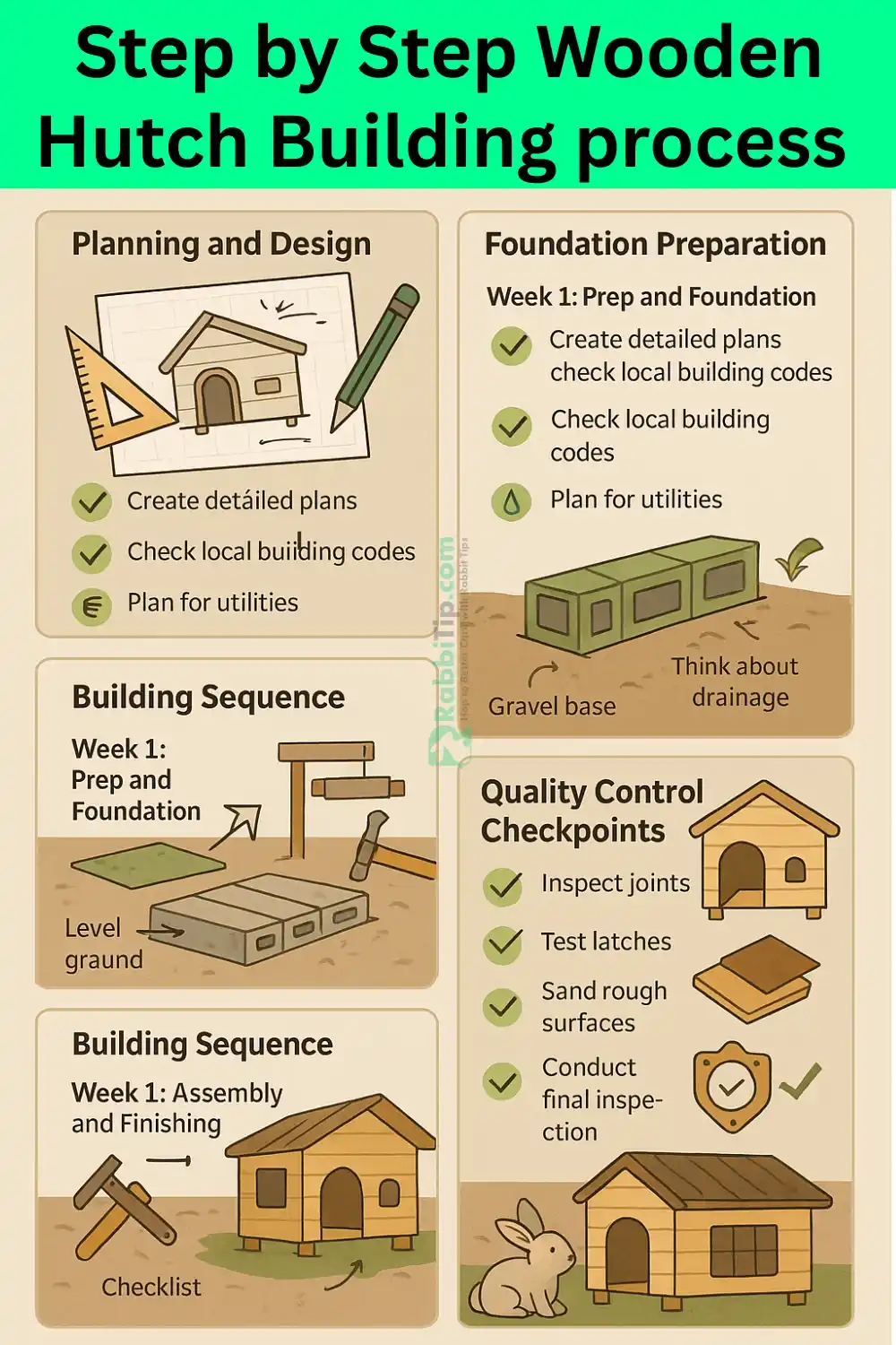Step-by-Step Hutch Building Process for DIY Wooden Rabbit Hutch Infographic showing the step-by-step wooden rabbit hutch building process including planning, foundation prep, framing, finishing, and safety checks.