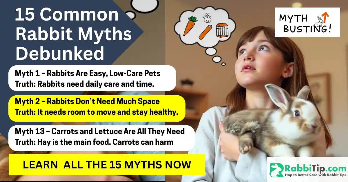 Girl holding a rabbit with myth bubbles above her head showing rabbit myths debunked including space, diet, and care