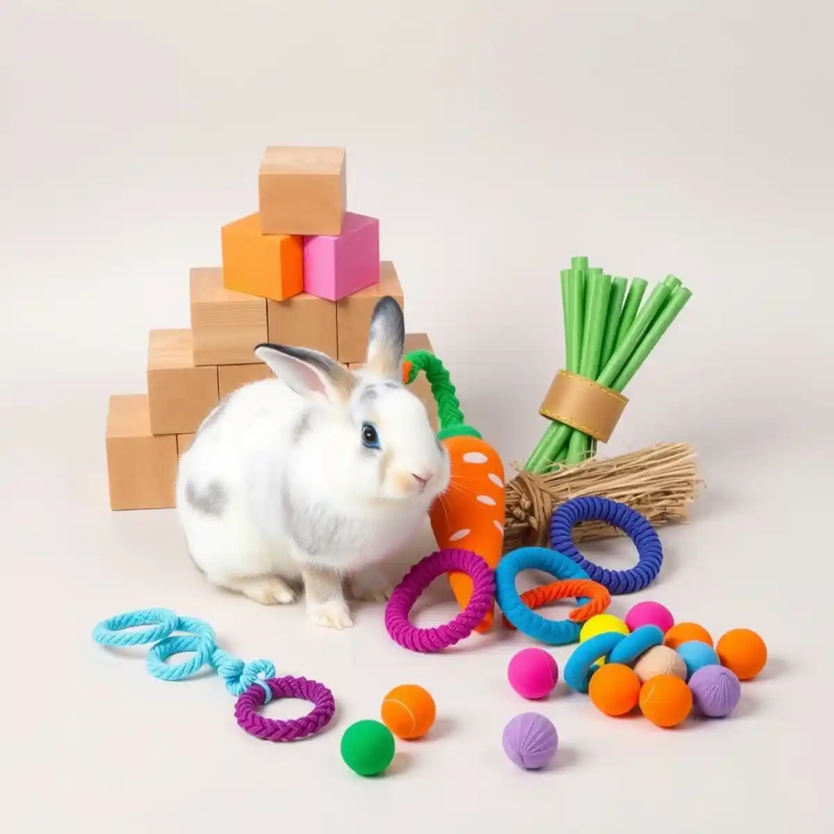 Natural wood and hay bunny chew toys arranged with rabbit