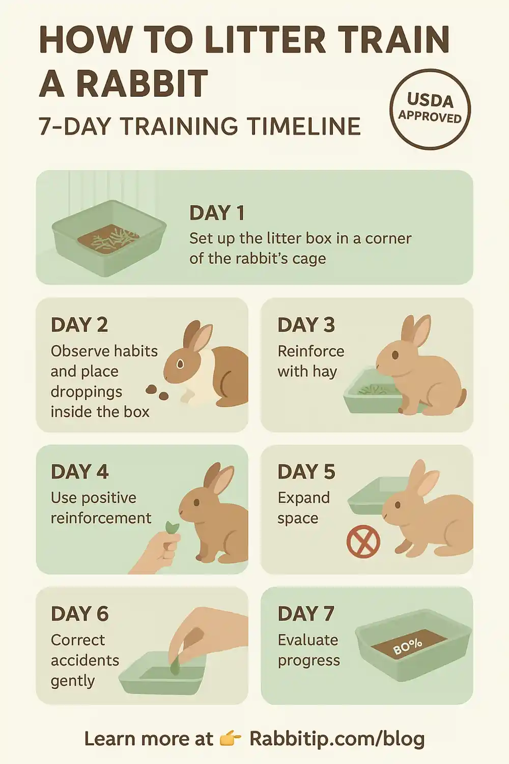 How to Litter Train Your Rabbit – Step-by-Step Guide Infographic showing how to litter train a rabbit with step-by-step instructions for U.S. pet owners.