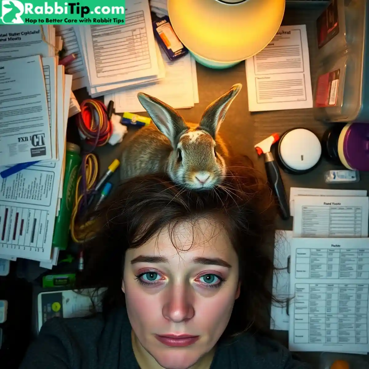 Myth 1 Rabbits Are Easy, Low-Care Pets Exhausted owner with rabbit care supplies at 3 AM showing pet responsibility