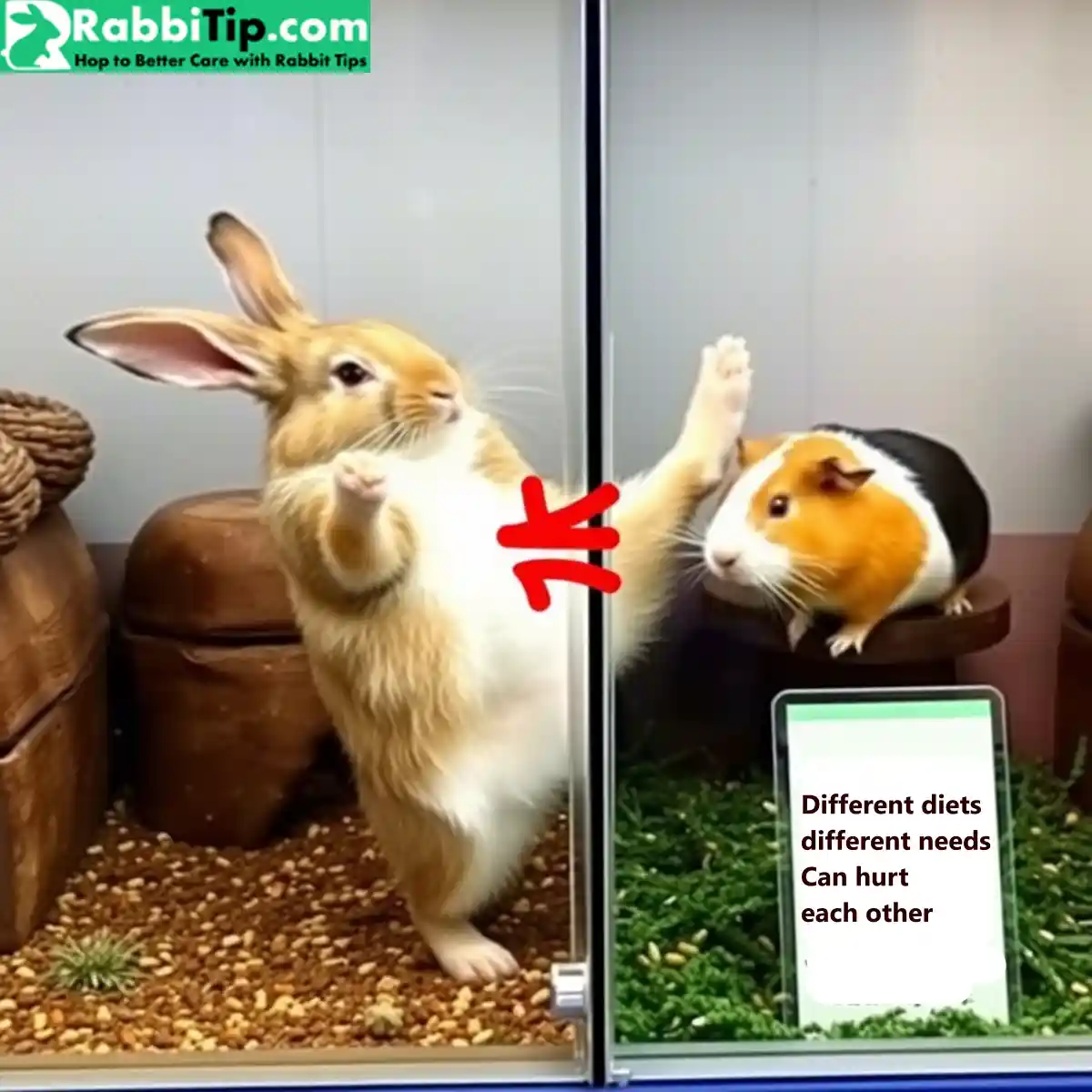 Myth 11 Rabbits Can Live with Guinea Pigs Rabbit kicking near guinea pig with safety barrier