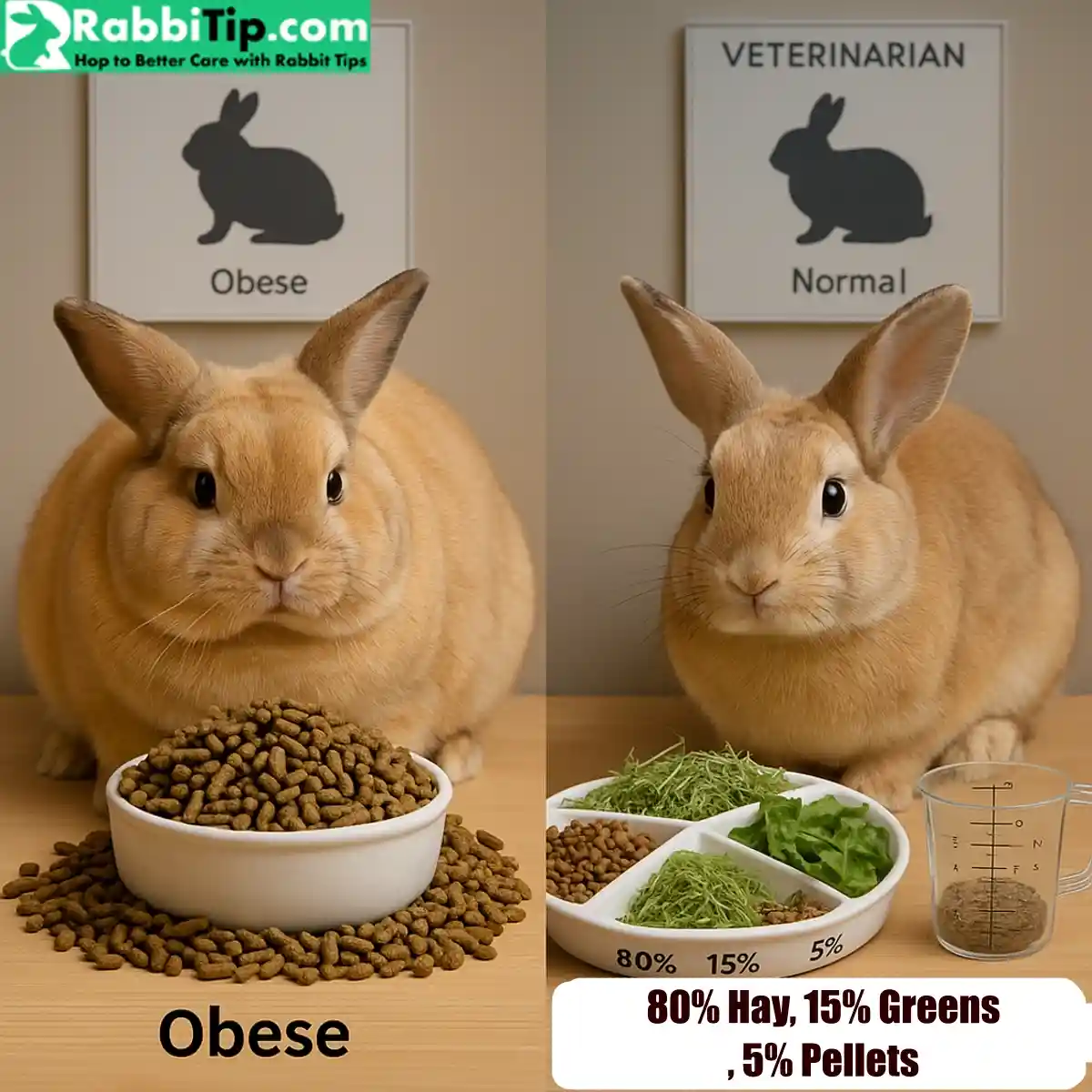 Myth 15 Rabbits Can Eat Only Pellets Overweight vs healthy rabbit with portion-controlled meals