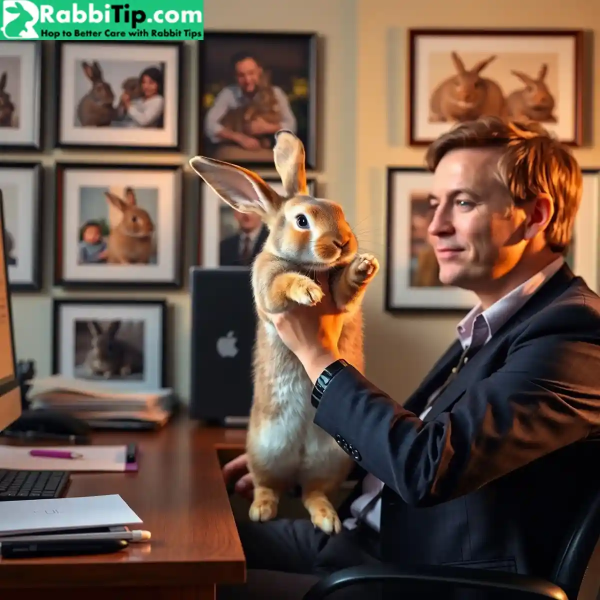 Myth 4 Rabbits Don’t Bond with People Affectionate rabbit nuzzling owner's hand during work