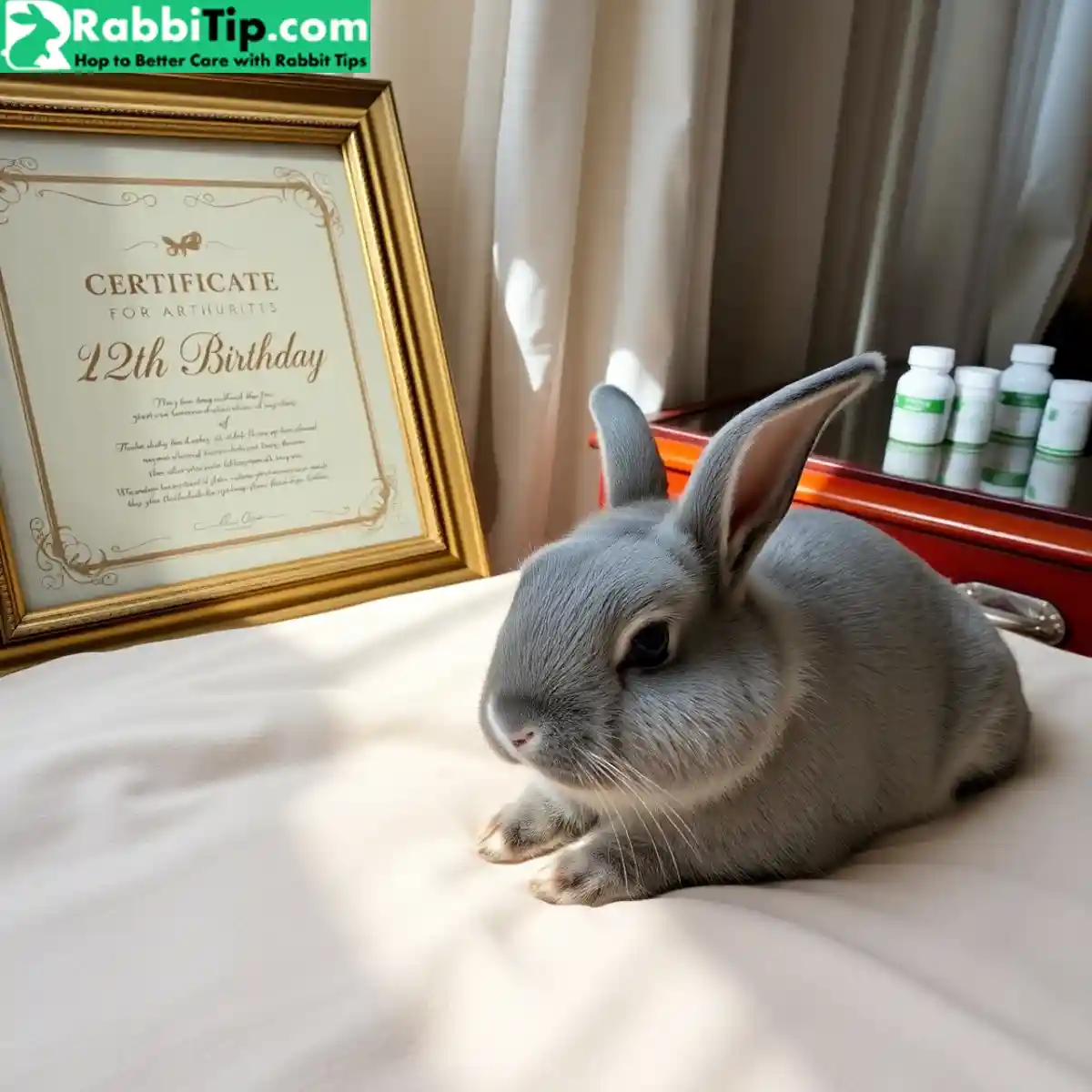 Myth 5 Rabbits Only Live a Few Years Elderly gray-muzzled rabbit with birthday certificate