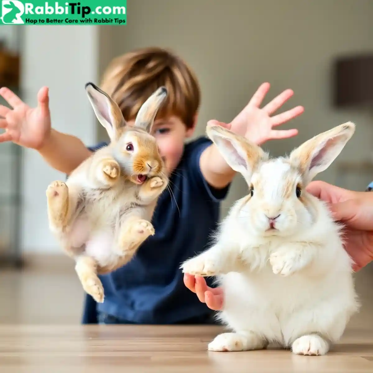 Myth 6 Rabbits Love to Be Held Child incorrectly lifting panicked rabbit versus calm floor interaction