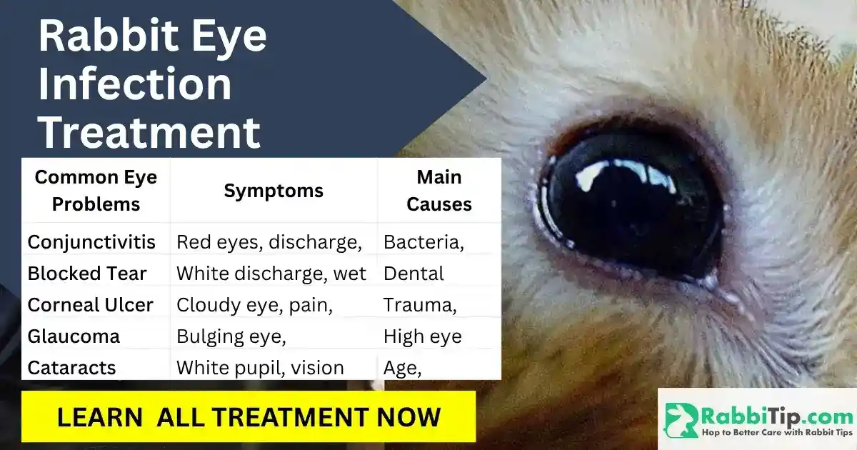 Rabbit Eye Infection Treatment chart showing common eye problems, symptoms, and main causes with close-up rabbit eye photo