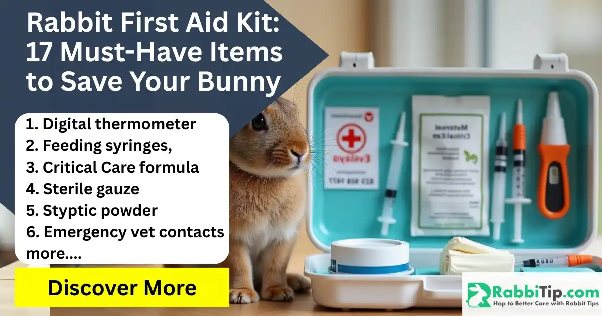 Rabbit First Aid Kit on wooden table with thermometer, syringes, Critical Care formula, gauze, styptic powder, and a rabbit sitting nearby.
