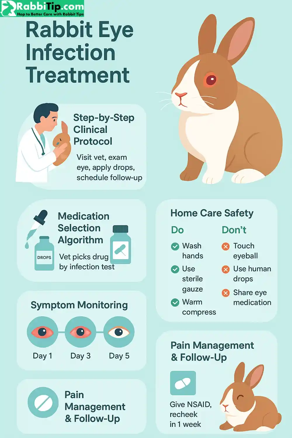 Rabbit Eye Infection Treatment – Professional Veterinary Care Guide Rabbit Eye Infection Treatment infographic with step-by-step protocol, medication options, home care safety tips, symptom monitoring, and pain management