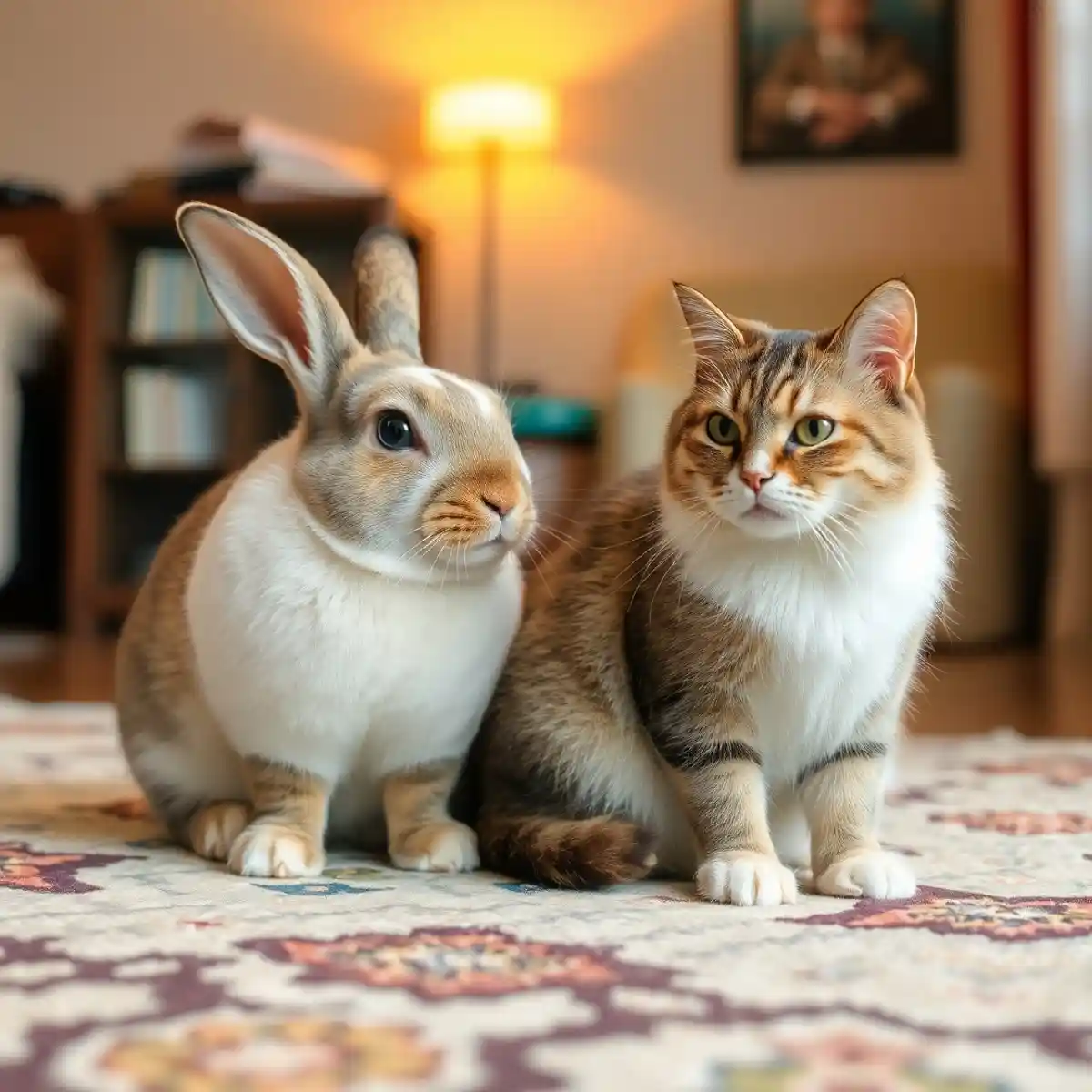 Cat and Rabbit Sitting Calmly Together-rabbit behavior Rabbit Behavior: A rabbit and a cat sitting calmly together, debunking mating myths.
