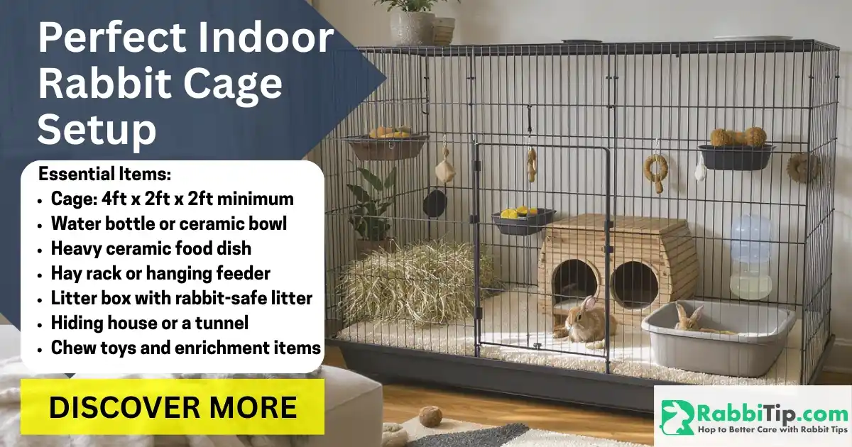 Indoor rabbit cage setup with spacious cage, fleece flooring, hay feeder, food dish, litter box, hideout tunnel, and rabbit inside.