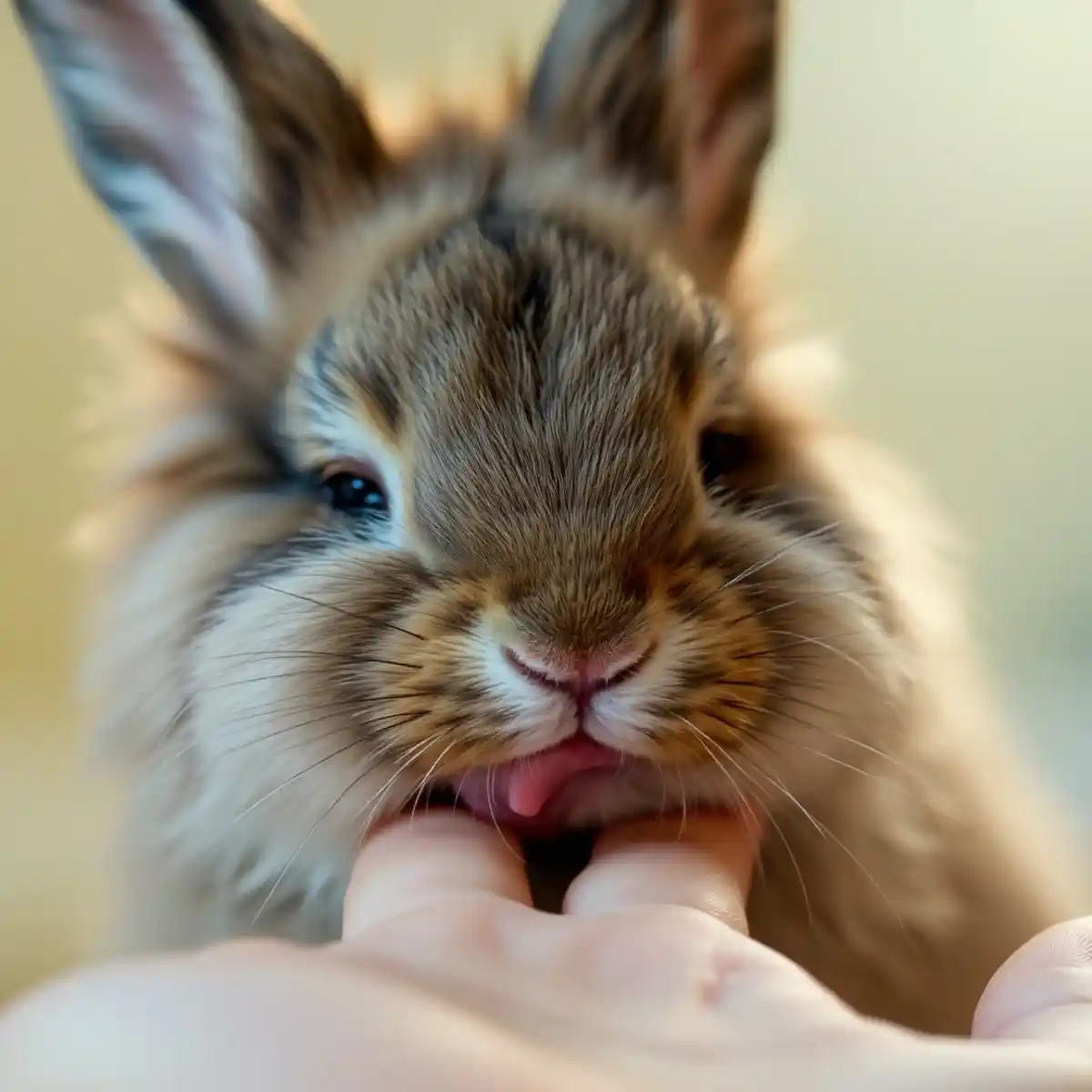 Rabbit Affectionately Licking Owner's Hand-rabbit behavior Rabbit Behavior: A Lionhead rabbit affectionately licking a person's hand.