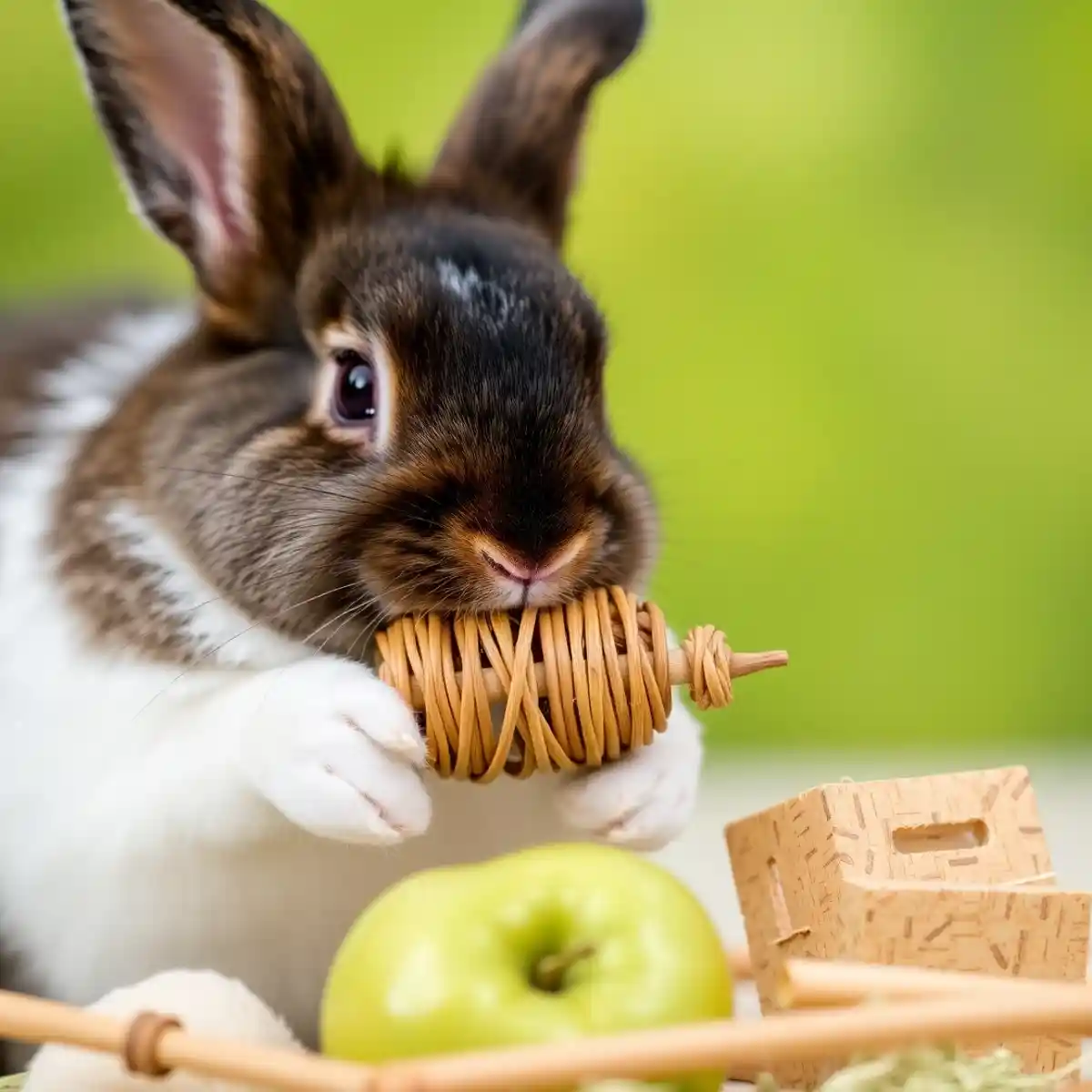 Rabbit Chewing on a Safe Willow Toy-rabbit behavior Chew This, Not That! Provide safe chew toys to satisfy your rabbit's natural need to gnaw and save your furniture.