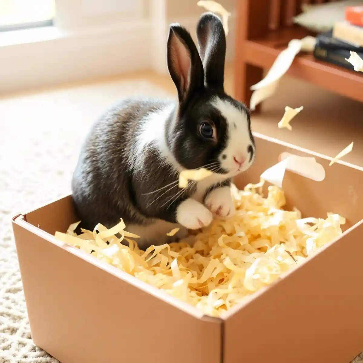 Rabbit Digging in a Designated Dig Box- Rabbit behavior Rabbit Behavior: Rabbit digging happily in a designated dig box.