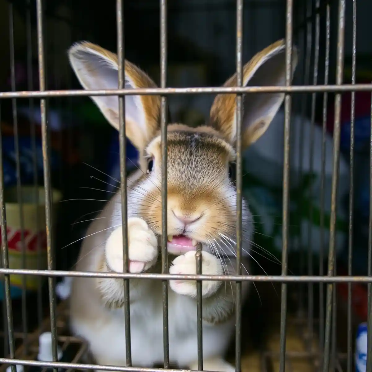 Rabbit Frustratedly Biting Cage Bars-rabbit behavior Rabbit Behavior: A frustrated rabbit biting the bars of its cage.