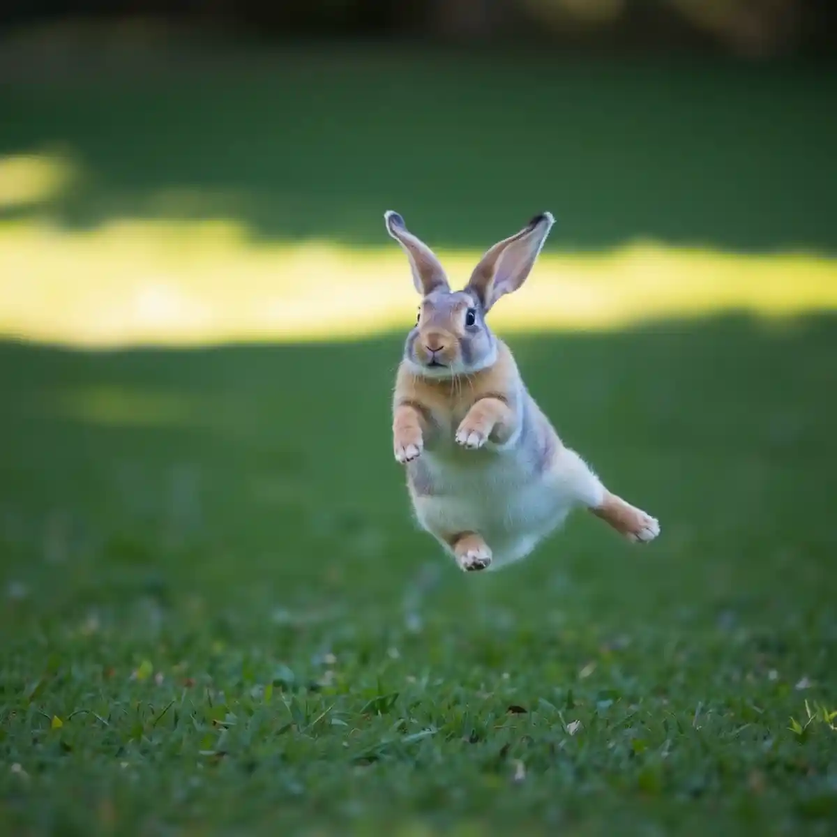Rabbit Mid-Air in a Joyful Binky-rabbit behavior Rabbit Behavior: Rabbit jumping and twisting in the air during a joyful binky.