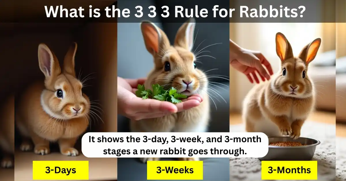 Infographic explaining the 3-3-3 rule for rabbits, showing the three stages of decompression and bonding for a new rabbit over 3 days, 3 weeks, and 3 months.