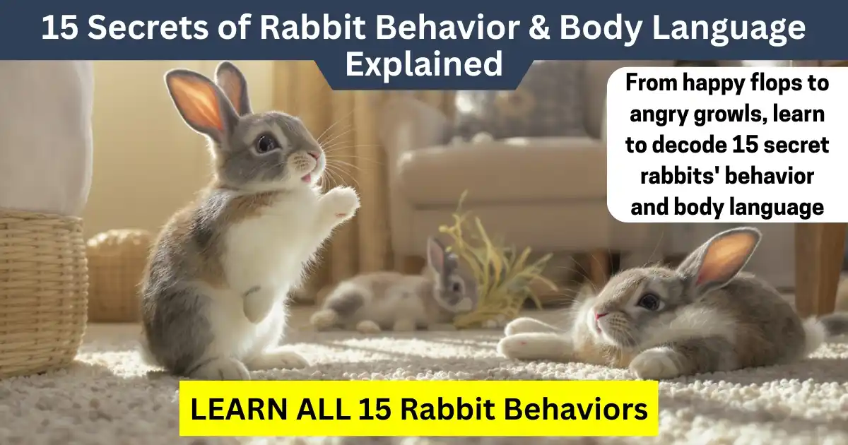 A comprehensive guide to 15 rabbit behaviors, showing a rabbit binkying in joy, another flopping in relaxation, and a third thumping in alertness.