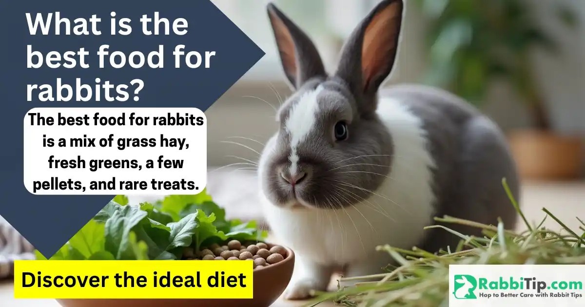 A healthy rabbit beside its ideal meal: unlimited timothy hay, fresh greens, and a small portion of pellets - Best food for rabbits.