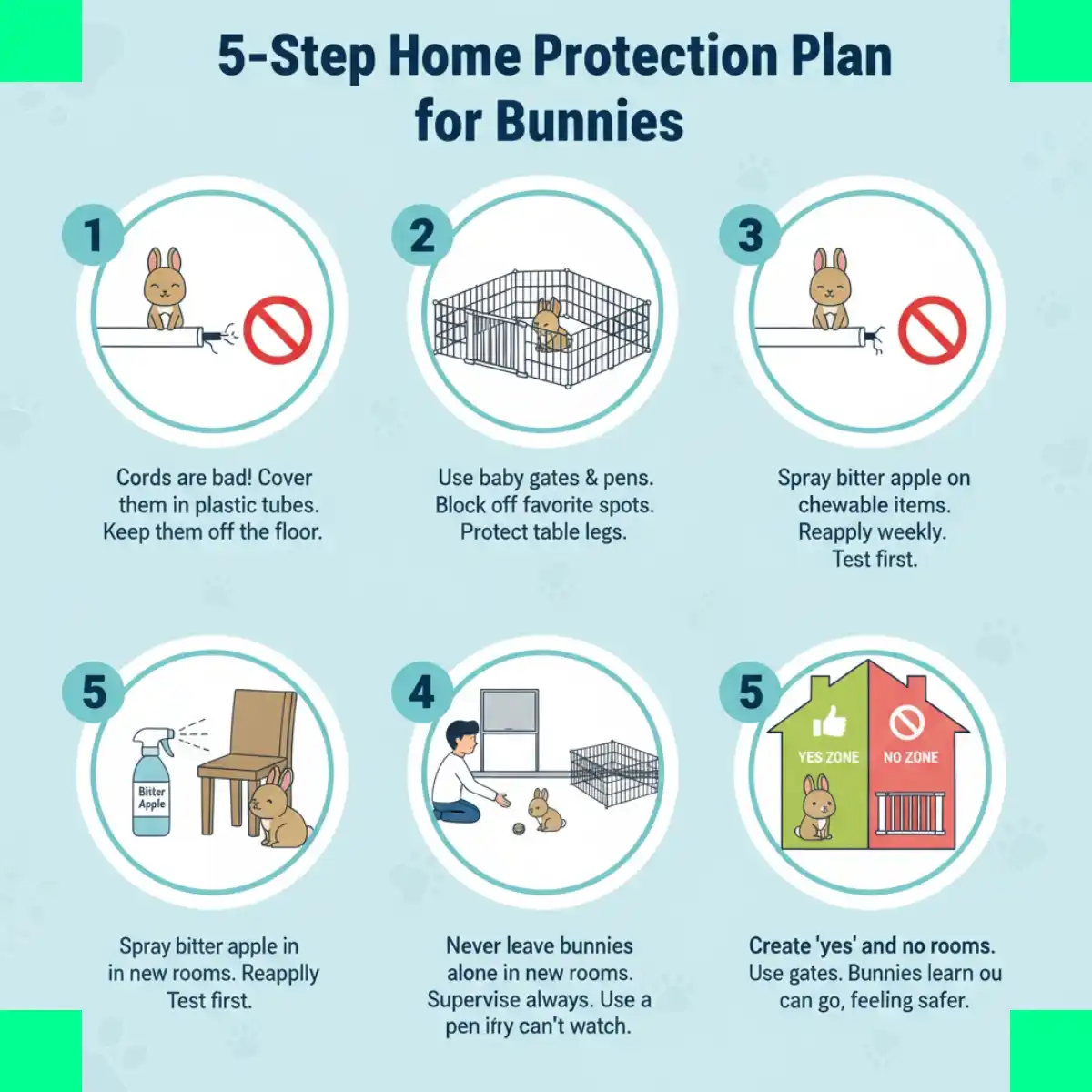 5-Step Home Protection Plan to Stop Bunnies from Eating Everything Infographic showing 5 easy steps to stop bunnies from eating everything, including covering cords, blocking spaces, and using bitter apple spray.