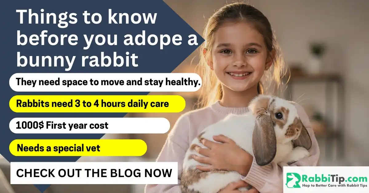 Young girl holding a rabbit with text overlay about important things to know before you adopt a bunny rabbit, including cost, care time, and special vet needs.