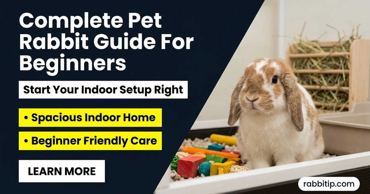 Complete pet rabbit guide showing a Holland Lop rabbit in a cozy indoor home setup