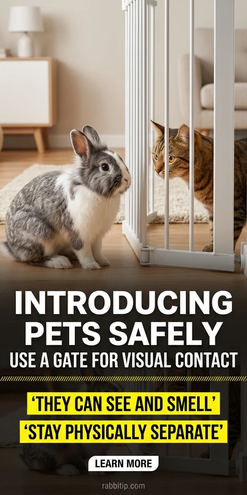 Introducing a rabbit and cat through a baby gate barrier during a safe visual introduction session