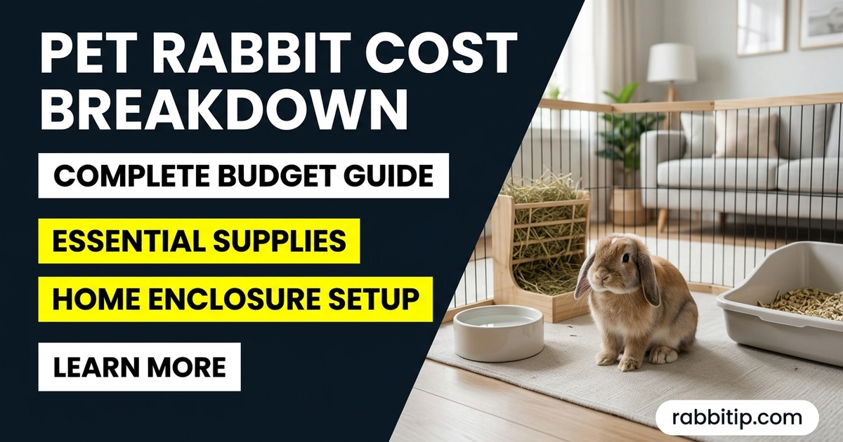 Pet rabbit cost shown with rabbit in home enclosure next to hay and water bowl