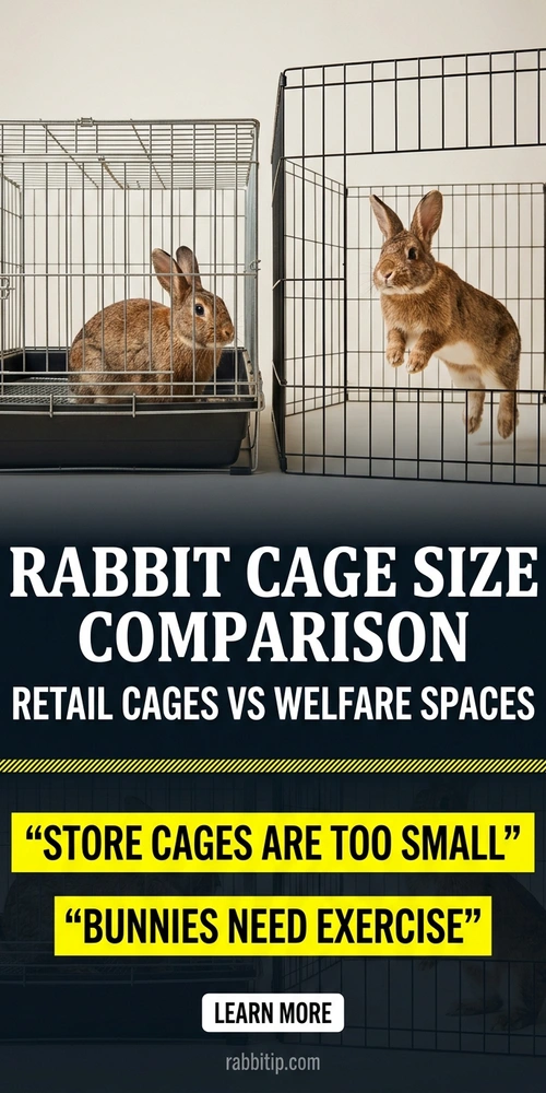 Rabbit cage size comparison showing undersized pet-store cage versus spacious welfare-standard exercise pen