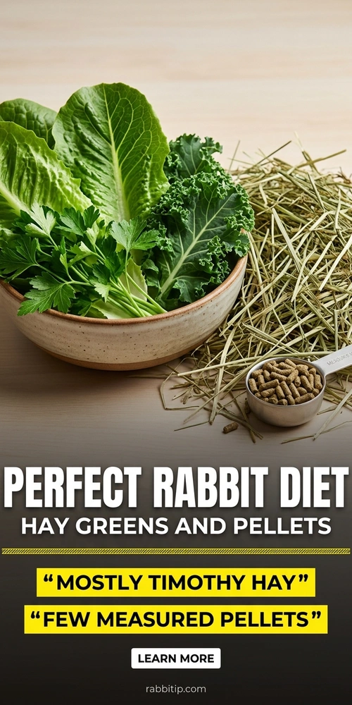Rabbit diet setup showing Timothy hay, leafy greens, and pellets in correct portions