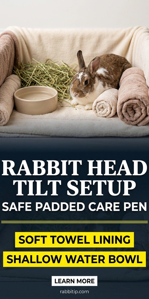 rabbit head tilt at home setup with padded pen, hay, water, and towel supports