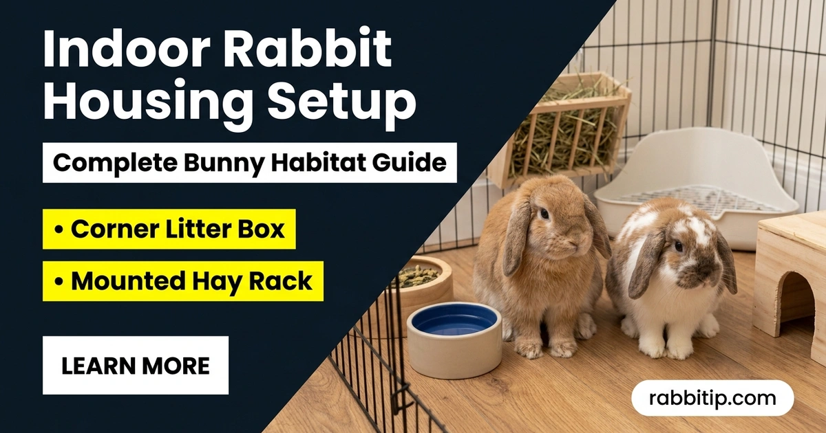 Complete rabbit housing setup guide showing an indoor pen with hay rack, litter box, and two rabbits