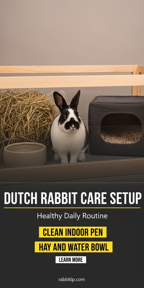 Dutch rabbit care setup with hay litter box and water for daily care