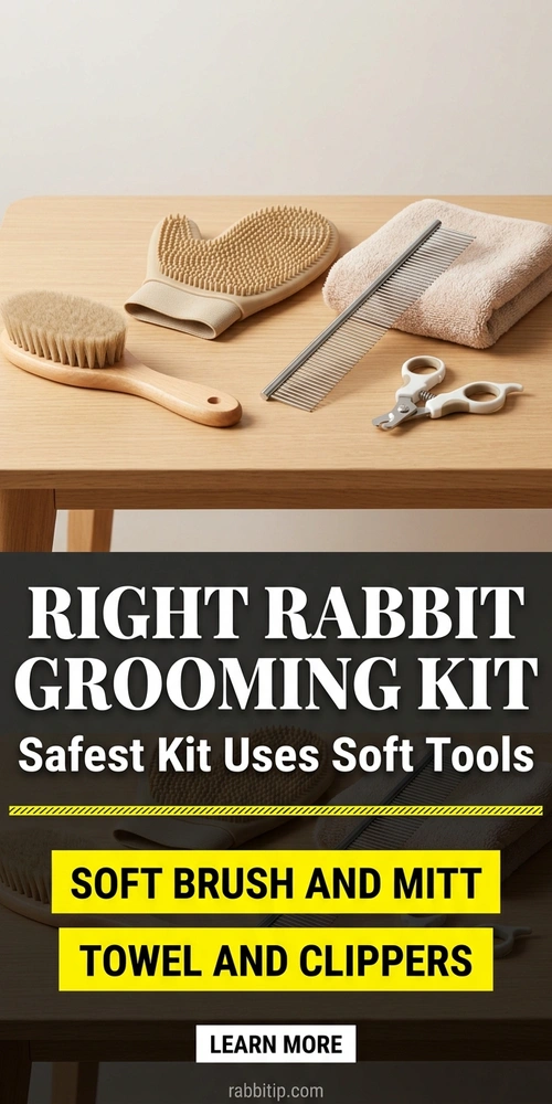 how to groom a rabbit with a rabbit grooming kit, brush, comb, mitt, towel, and clippers