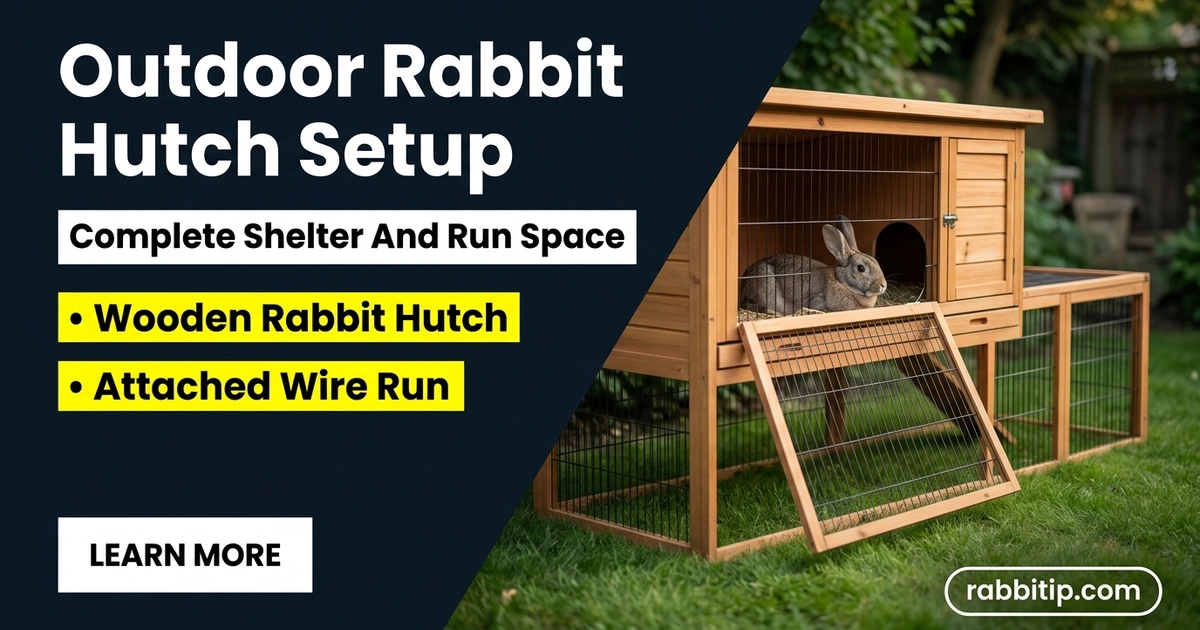 Outdoor rabbit hutch setup with attached exercise run in a backyard garden