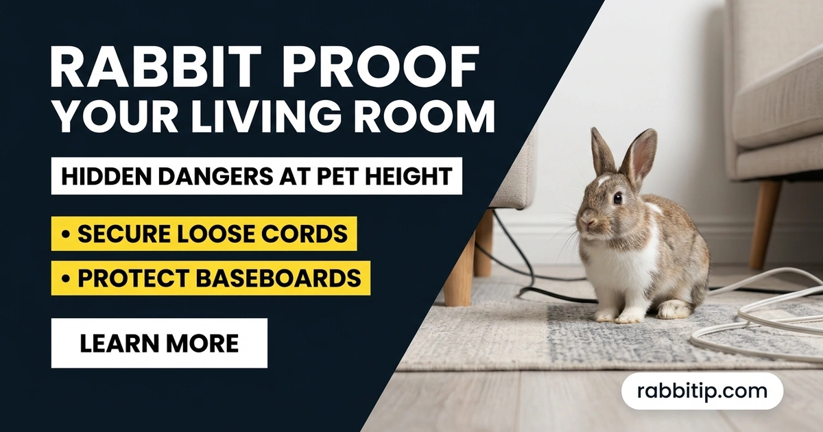 Pet rabbit in a living room showing why rabbit proofing your home is essential for safety